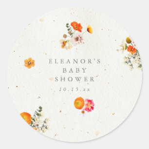 Boho Orange Cottagecore Floral Baby Shower Name Classic Round Sticker