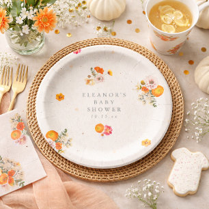 Boho Orange Cottagecore Floral Baby Shower Name Paper Plate