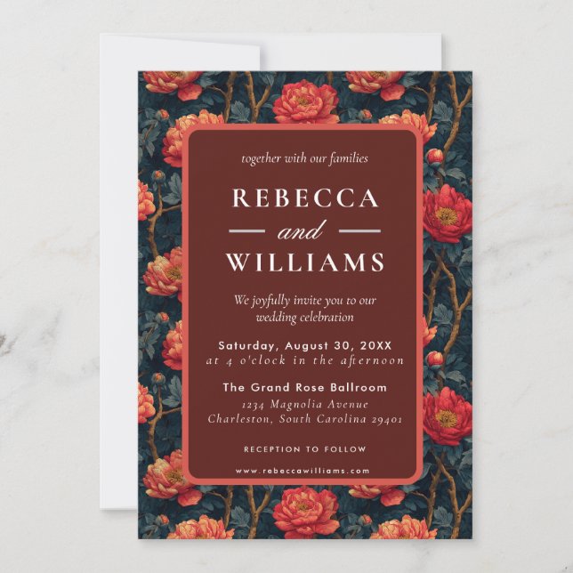 Boho Orange Floral Peonies Wedding Invitation (Front)