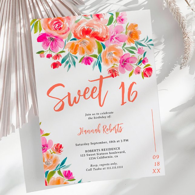 Boho orange floral Sweet 16 birthday Invitation (Boho orange floral Sweet 16 birthday Invitation)