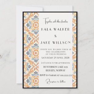 Boho Orange Geometric Italian Tile + Border Invitation