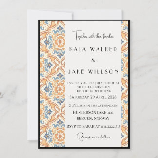Boho Orange Geometric Italian Tile + Border Invitation