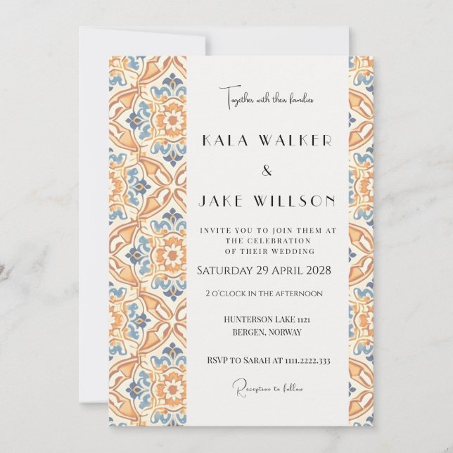 Boho Orange Geometric Italian Tile Wedding Invitation (Front)