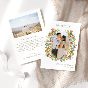 Boho orange green flower wreath Wedding Photo Thank You Card