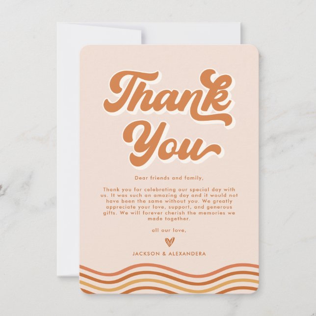 Boho Orange Retro 70s Wedding Thank You Card (Front)
