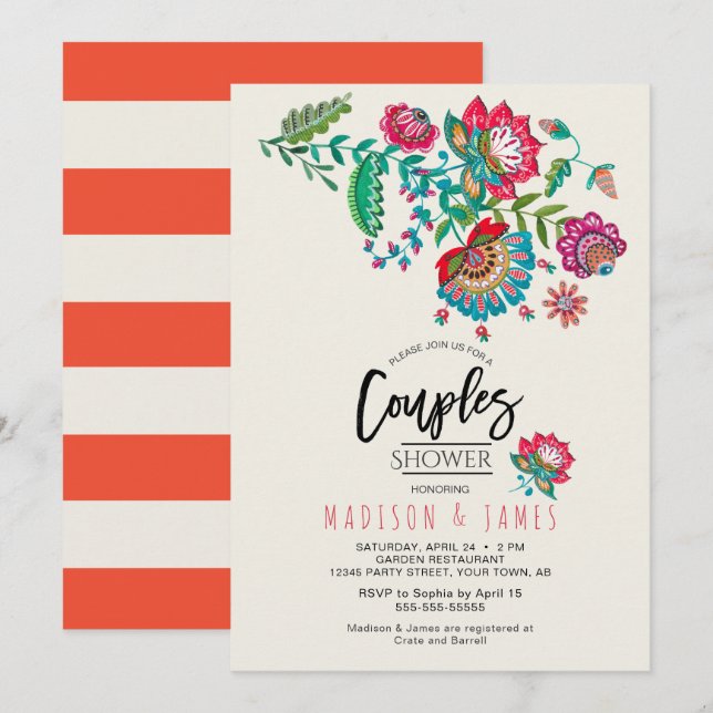 Boho Orange stripe Folk Flowers | Couples Shower Invitation (Front/Back)