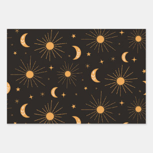 Boho orange sun and moon pattern  wrapping paper sheet