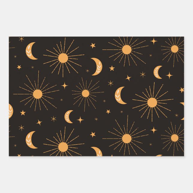 Boho orange sun and moon pattern  wrapping paper sheet (Front)