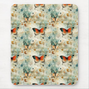 Boho Orange Teal Butterfly Wildflower Painterly Mouse Pad