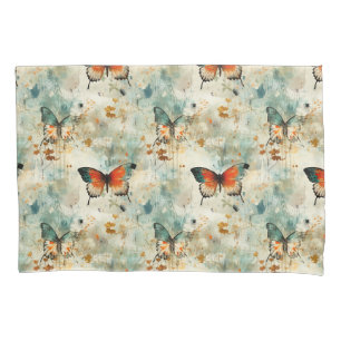Boho Orange Teal Butterfly Wildflower Painterly Pillowcase