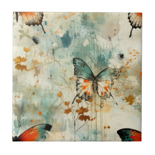 Boho Orange Teal Butterfly Wildflower Painterly Tile