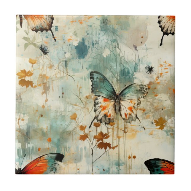Boho Orange Teal Butterfly Wildflower Painterly Tile (Front)