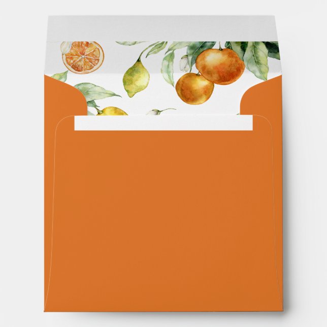Boho Orange Watercolor Citrus Pattern Wedding Envelope (Back (Bottom))