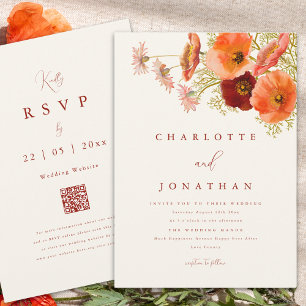 Boho Orange Wildflower Fall Wedding Invitation