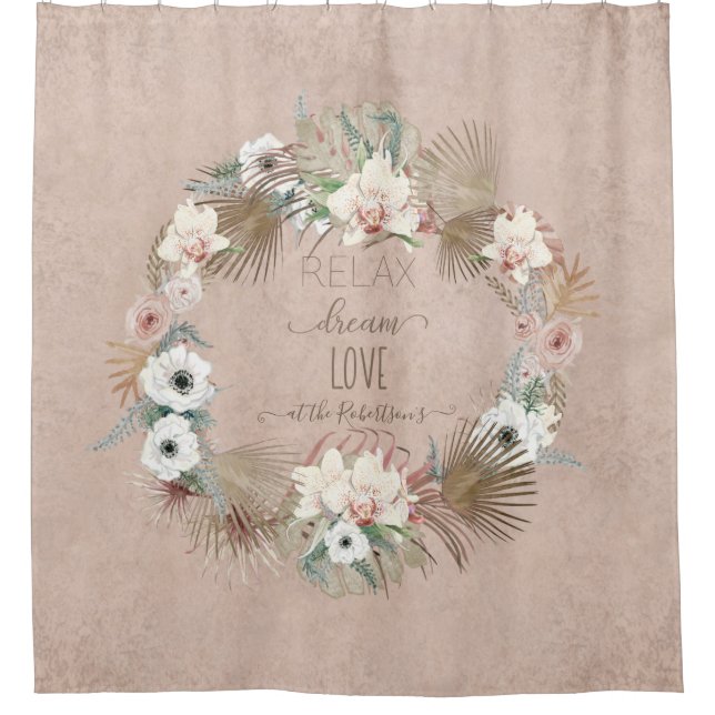 Boho Orchid Tropical Palm Leaf Wreath Blush Pink Shower Curtain (Front)