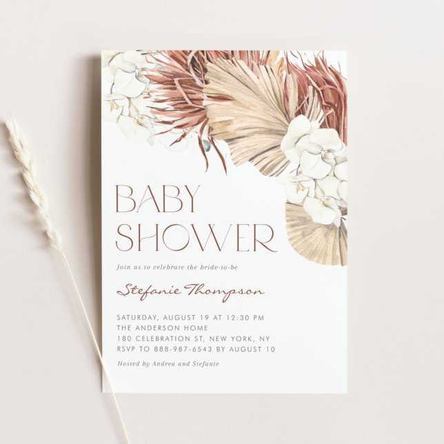 Boho Orchids and Dried Palm Leaves Baby Shower Invitation (Creator Uploaded)