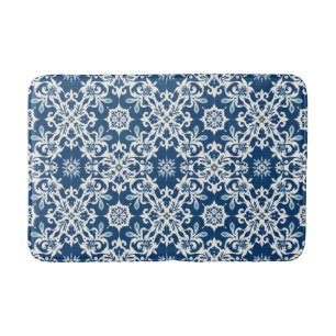 Boho Ornament Pattern in White-Blue Vintage Bath Mat