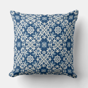 Boho Ornament Pattern in White-Blue Vintage Cushion