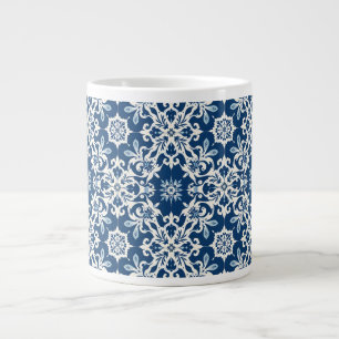 Boho Ornament Pattern in White-Blue Vintage Large Coffee Mug