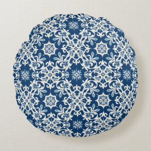 Boho Ornament Pattern in White-Blue Vintage Round Cushion