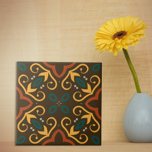 Boho Ornate Folklore Pattern in Earthy Colours Tile