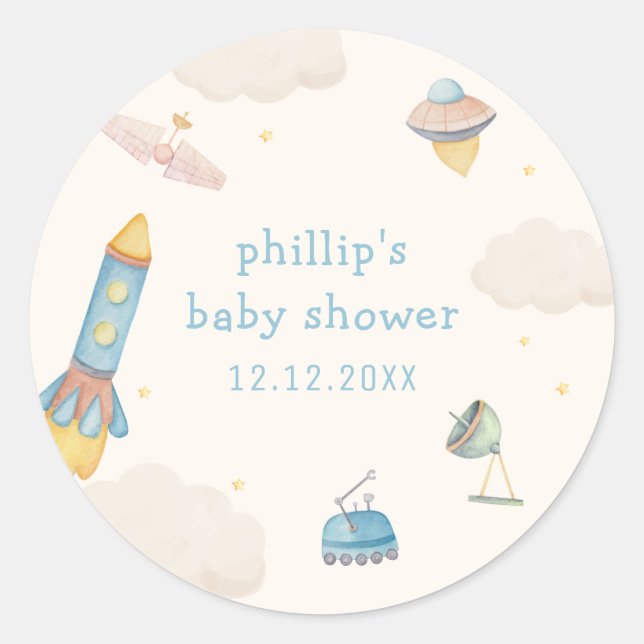 Boho Outer Space Rocket Boy Baby Shower  Classic Round Sticker (Front)
