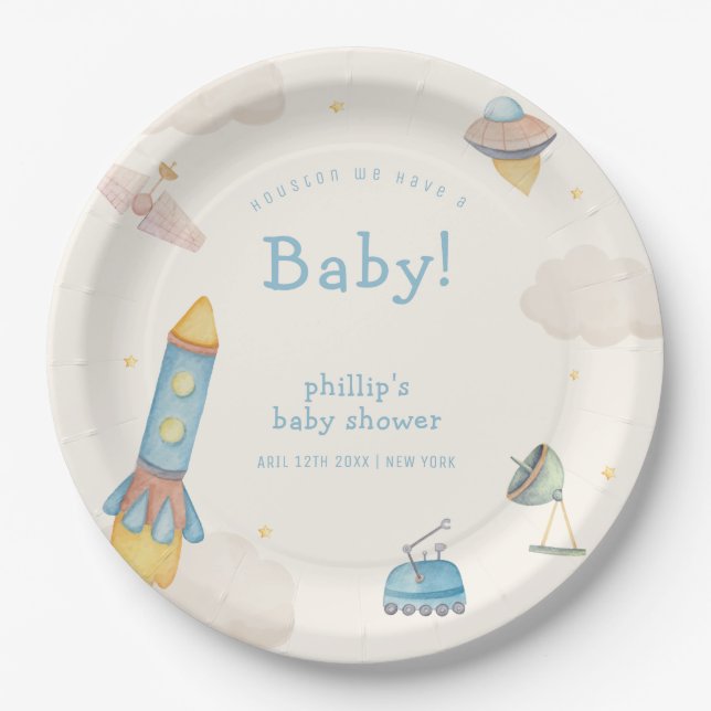 Boho Outer Space Rocket Boy Baby Shower  Paper Plate (Front)