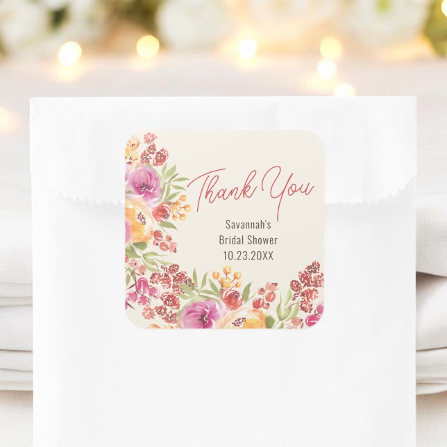 Boho Painted Floral Bridal Shower Thank You Square Sticker (Boho Painted Floral Bridal Shower Thank You Square Sticker)