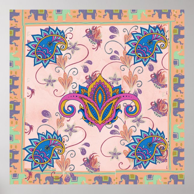 Boho paisley and elephant pattern_lmandala artwork poster (Front)