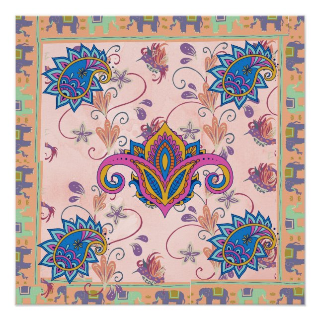 Boho paisley and elephant pattern_lmandala artwork poster (Front)