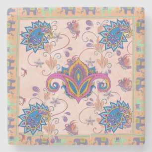 Boho paisley and elephant pattern_lmandala artwork stone coaster
