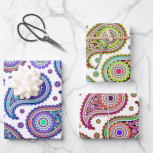 Boho Paisley in 3 Colour Schemes Vintage Retro  Wrapping Paper Sheet