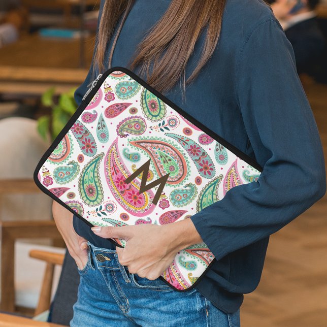 Boho Paisley Multicolor girly pattern monogram Laptop Sleeve (Creator Uploaded)