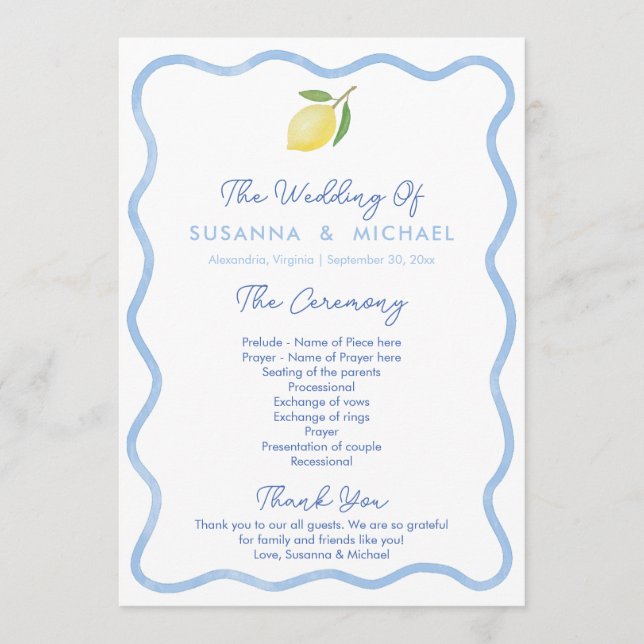 Boho Pale Blue Wavy Border Lemons Wedding Programme (Front)