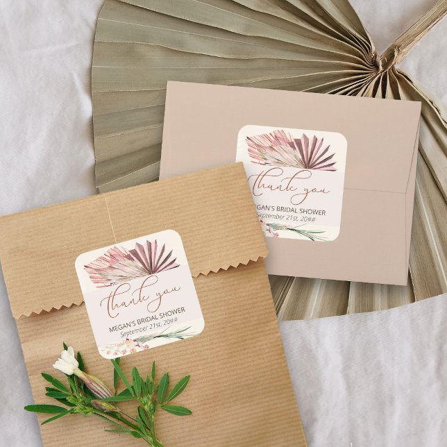 Boho Palm Dried Tropical Foliage Thank You Square Sticker (Thank you stickers from my Boho Palm Bridal Shower Collection)