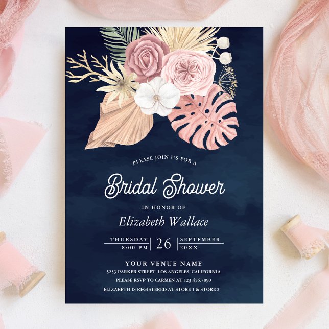 Boho Palm Dusty Pink Roses Navy Blue Bridal Shower Invitation (Creator Uploaded)