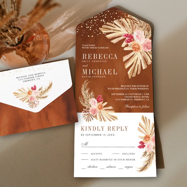 Boho Palm Earthy Floral Pampas Terracotta Wedding All In One Invitation (Creator Uploaded)