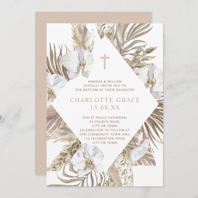 Boho Palm Floral Baptism Pink Terracotta Invitation (Front/Back)