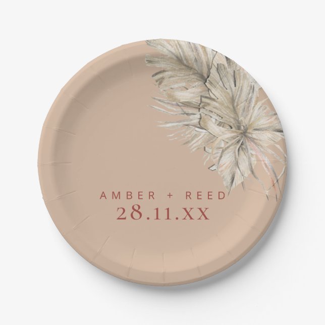 Boho Palm Foliage Terracotta Blush Modern Arch Paper Plate (Front)