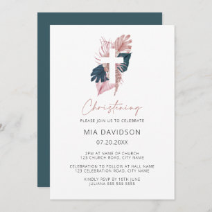 Boho Palm Green Pink Watercolor Floral Christening Invitation