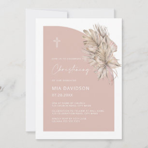 Boho Palm Half Arch Blush Pink Girl Christening Invitation