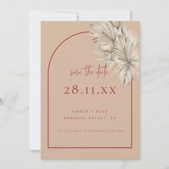 Boho Palm Leaf Floral Terracotta Blush Modern Arch Save The Date (Front)