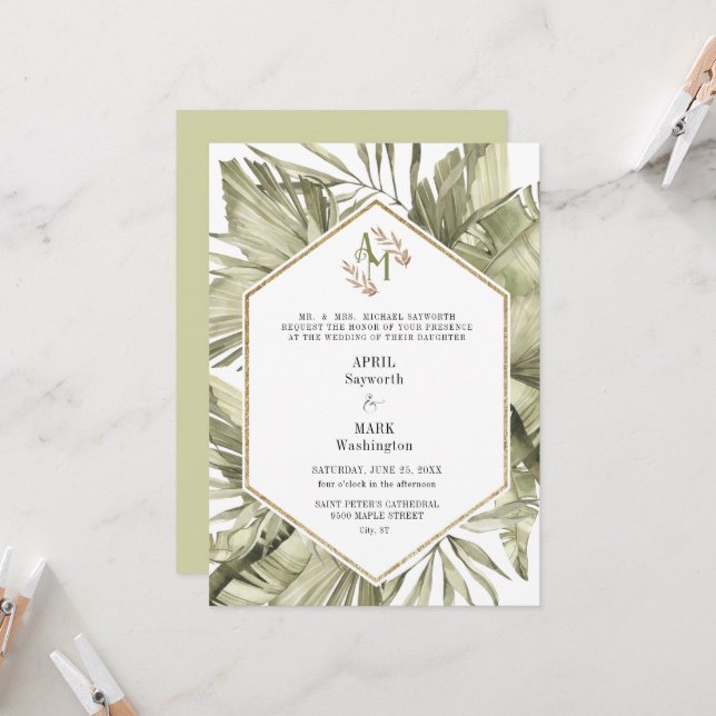 Boho Palm Leaf Greenery Monogram Wedding  Invitation (Front/Back In Situ)