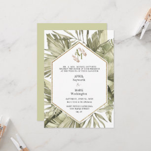 Boho Palm Leaf Greenery Monogram Wedding  Invitation