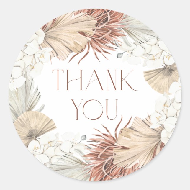 Boho Palm Leaves and Orchids Wreath Thank You Classic Round Sticker (Front)
