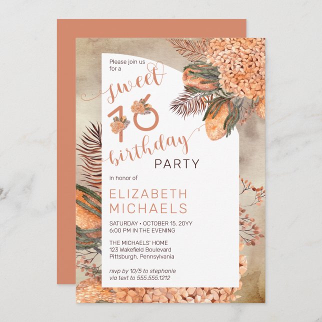 Boho Palm Leaves Hydrangea Sweet 16 Birthday Party Invitation (Front/Back)