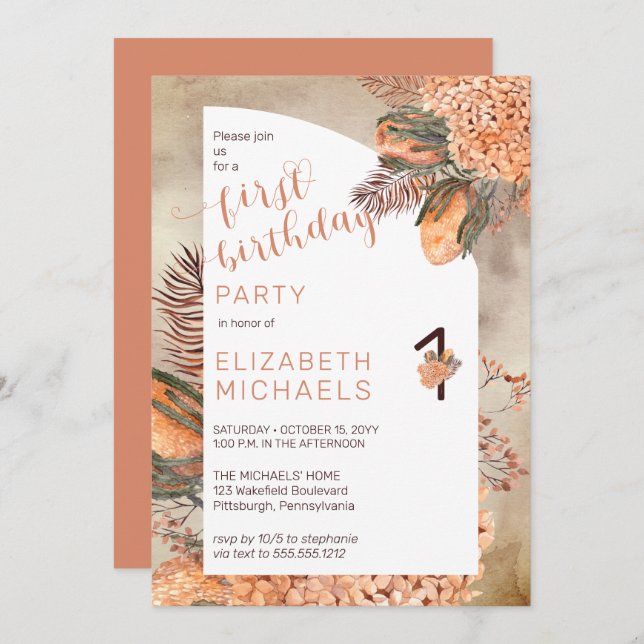 Boho Palm Leaves | Hydrangeas 1st Birthday Party Invitation (Front/Back)