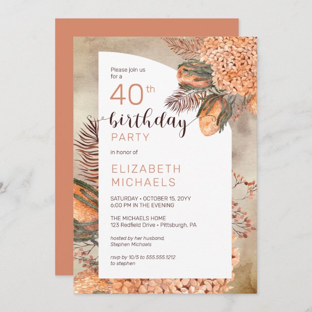 Boho Palm Leaves | Hydrangeas 40th Birthday Party Invitation (Front/Back)