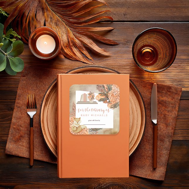 Boho Palm Leaves |Hydrangeas Baby Shower Bookplate Square Sticker (Boho Palm Leaves and Hydrangeas Sleeping Fox Baby Shower Bookplate Sticker)