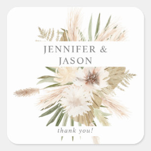 Boho Palm Leaves Pampas 2& Beige Floral Thank You  Square Sticker